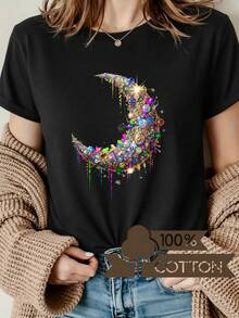 Camiseta de mujer con cuello redondo y estampado de letras y anime, de diseño sencillo, cómoda y transpirable, adecuada para el uso diario informal, que muestra un estilo natural y elegante, imprescindible para fiestas de verano, enviada localmente con adornos de piedras preciosas y metal. - Albaricoque - Ver 8