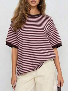 Camiseta casual de mujer Vaiaye de cuello redondo holgado, camiseta de manga corta a rayas con parches minimalista de color contrastante, adecuada para uso diario, ir al trabajo y verano en casa, color rosa - Rosa - Ver 4