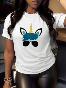 Women's T-Shirt, New Summer 2026 Collection, Casual, Unisex, Short Sleeve. Modern Unicorn With Glasses Symbolizing Freedom, Fantasy, And Self-Confidence With A Fun And Youthful Tone. Women's T-Shirts Are 100% Cotton, Soft, Comfortable, Ideal For Everyday Wear And Expressing Unique Personality. Comfortable Fabric, Loose Fit, Soft And Breathable. - White - View 2