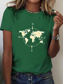 Camiseta con estampado estilizado de mapa del mundo y brújula, top casual de manga corta y cuello redondo, ropa de primavera/verano para mujer. - Verde - Ver 7
