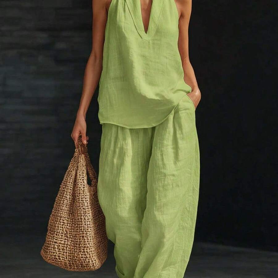 Women's Plus Size Two-Piece Suit With V-Neck And Straps, Made Of A Linen And Cotton Blend, Ideal For The Office And Summer, Current Fashion - 黃綠色 - 查看 1