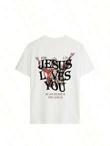 Camiseta de manga corta con cuello redondo y estampado de "Jesus Loves You" para mujer, 100% algodón, estilo casual, adecuada para uso diario en verano, color blanco - Ropa unisex para uso diario en el campus. - Negro - Ver 9