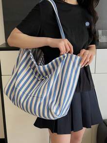 Hevel Vintage Style Fashion Striped Canvas Tote Bag, Large Capacity Shoulder Bag, Casual Design Suitable For Women's Travel And Vacation Use, Essential Travel Accessory For Women - Blue - View 4