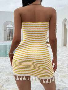 Vestido fruncido con diseño sin tirantes, cintura entallada y dobladillo con flecos en un estilo patchwork de colores, con aire sexy y de europea y americana para vacaciones - Amarillo - Ver 2