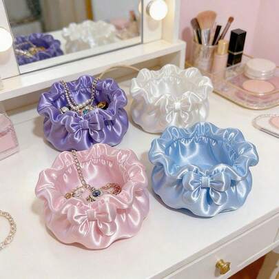 Satin Pleated Butterfly Cosmetic Storage Box, Large Capacity Waterproof Plastic Organizer Basket For Bathroom Skincare, Desktop Stationery & Accessories, Bedroom Entryway Clutter Storage, Elegant Home Decor, Floral Bow Ornament Luxury Desktop Organizer, Jewelry Box, Thoughtful Gift For Her