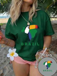 Women's Short-Sleeved Crew Neck T-Shirt, 100% Cotton, Machine Washable, Easy Care, Casual Design With Brazil Map And Giant Toucan Print, Bright Colors, New Style Top For Summer 2026, Suitable For Travel And Daily Wear. - 綠色 - 查看 12