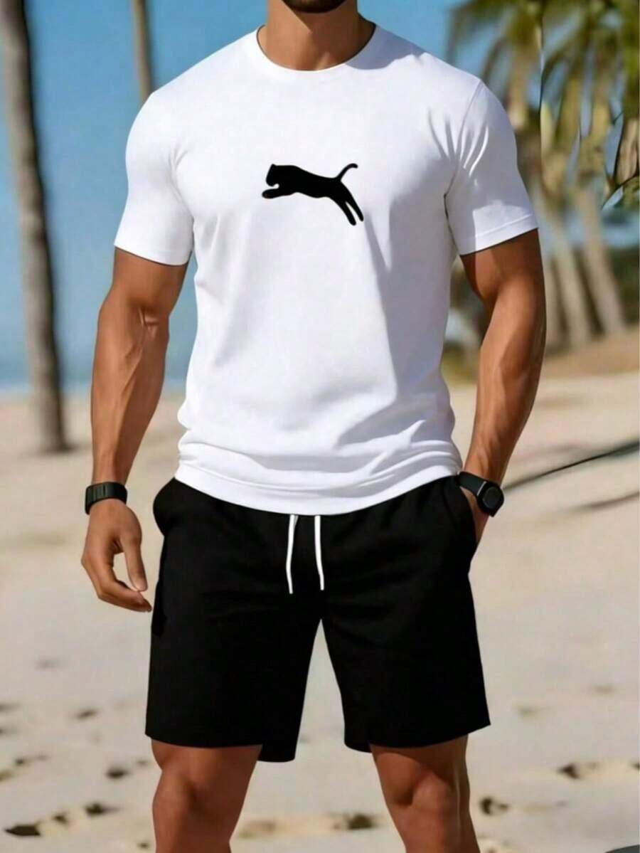 No es un conjunto a juego, los pantalones son solo para referencia de combinación. Hecho de 100% algodón puro, transpirable y agradable para la piel. Cuello redondo clásico, corte ajustado y favorecedor que se adapta a todo tipo de cuerpo. Diseño estampado moderno, minimalista y elegante. Estilo unisex, ideal para conjuntos de pareja. Perfecto para el trayecto diario, citas informales y moda urbana, versátil y atemporal. - Blanco - Ver 1