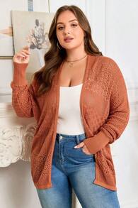 Cardigan Taglie Forti Marrone Ruggine con Motivo a Maglia Mista e Fronte Aperto - Marrone ruggine - Visualizzare 1