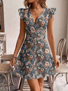 Frenchy Vestido casual de mujer con cuello en V, manga corta, corte evasé y botones con estampado floral diminuto, conjunto de vacaciones para mujer - Multicolor 3 - Ver 3