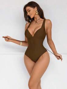 Traje de baño de una pieza con control de abdomen y push-up, con parches de color marrón, cordón de ajuste elegante y sexy, para fiestas y piscina - Café integral - Ver 4