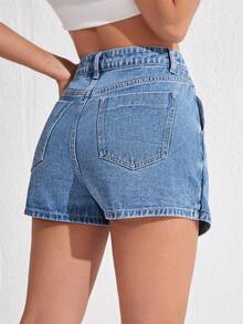 Envoltorio de falda pantalón denim con dobladillo asimétrico de unicolor - Azul lavado medio - Ver 2