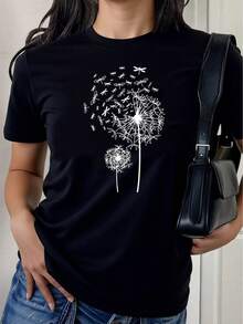 3 camisetas de mujer, estampado de diente de león, minimalistas y elegantes, corte holgado y relajado. |   Diseño exquisito |   Suelto y cómodo |   Fácil de combinar | - Negro - Ver 2