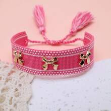 1pc Bowknot Bracelet, Creative Leopard Print, Handmade Woven Vintage Tassel Adjustable Boho Bracelet, Suitable For Women Party, Travel, Daily Wear - Pink - View 4