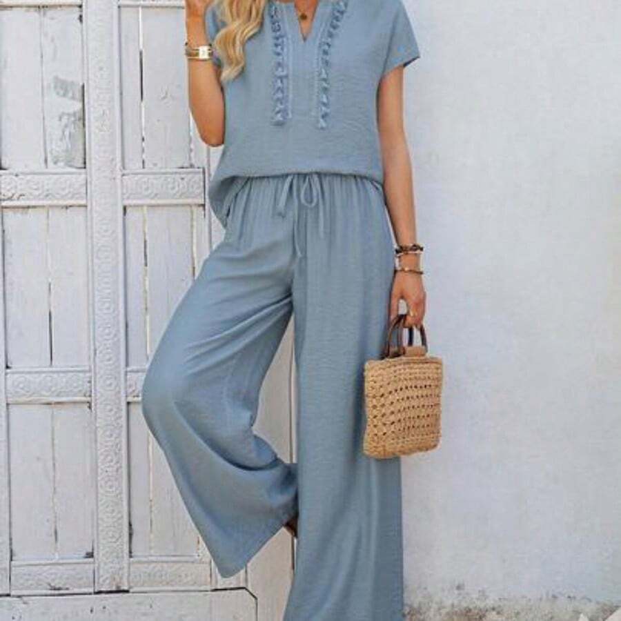 Conjunto de 2 piezas de top y pantalones casuales de verano de unicolor con flecos para mujer - Azul - Ver 1