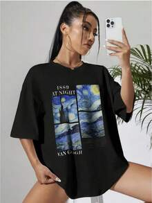 Camiseta de Mujer a la Moda con Estampado de Cielo Estrellado - Camiseta Casual de Manga Corta y Cuello Redondo de Algodón Puro con Estampado de Letras 1889 - Blanco - Ver 1