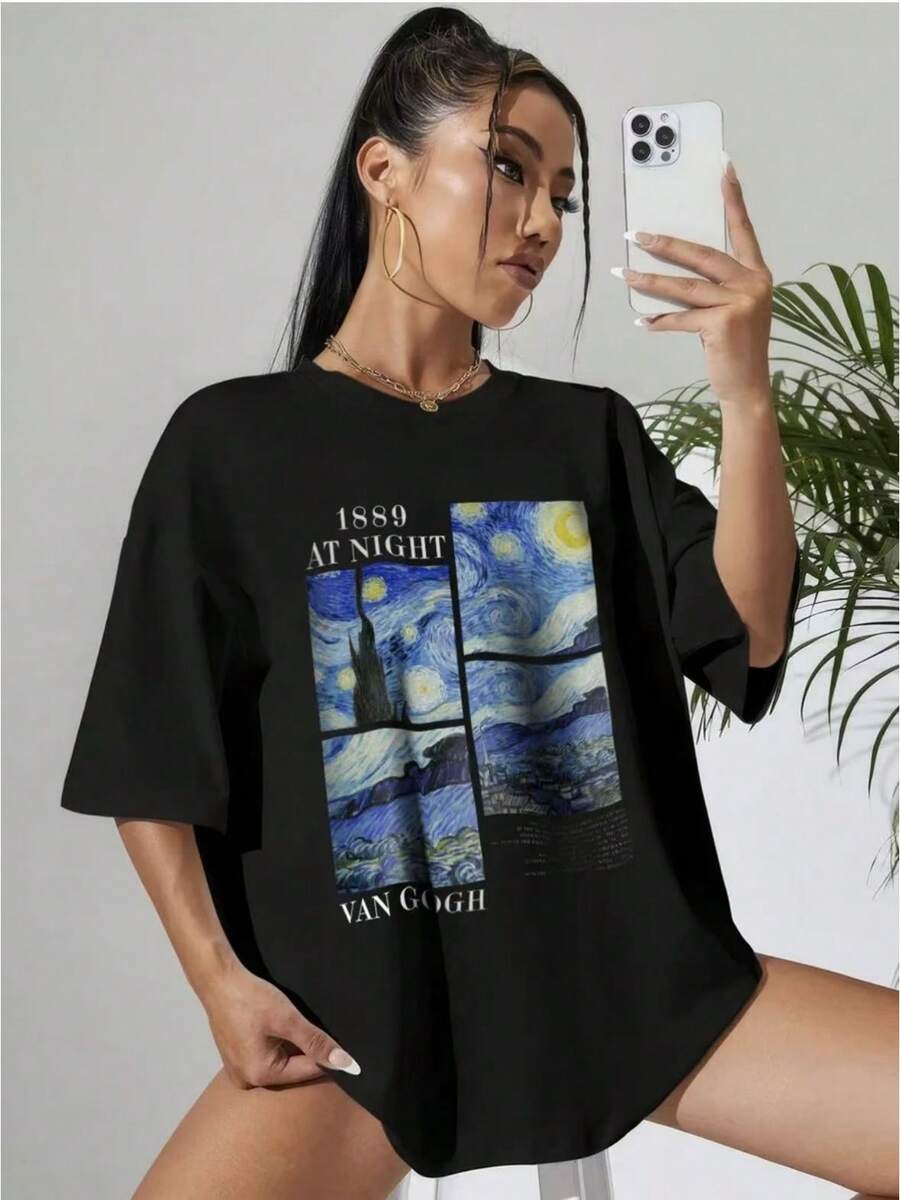 Camiseta de Mujer a la Moda con Estampado de Cielo Estrellado - Camiseta Casual de Manga Corta y Cuello Redondo de Algodón Puro con Estampado de Letras 1889 - Blanco - Ver 1