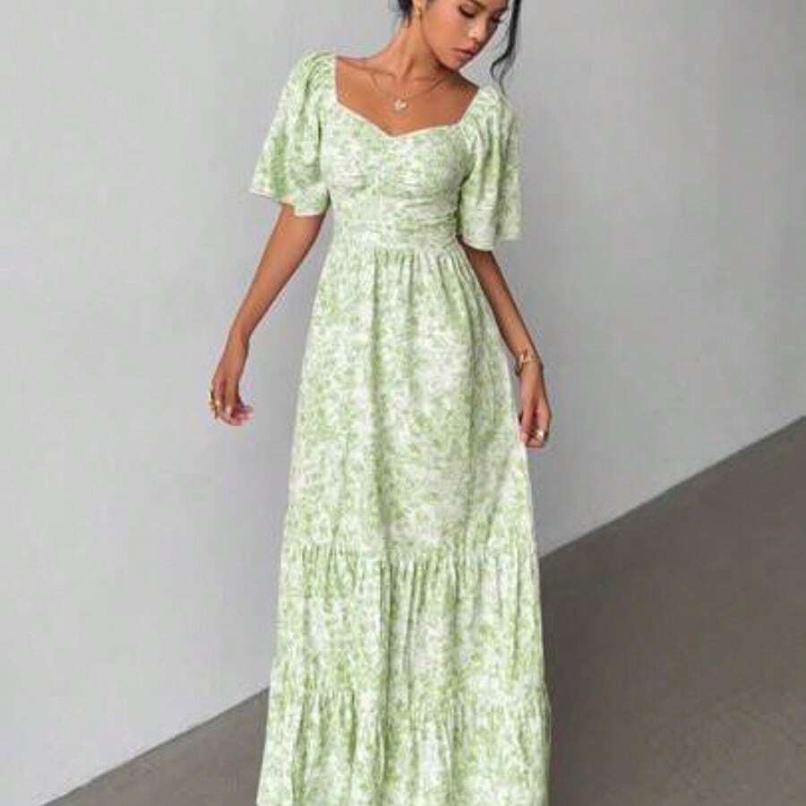 Summer Short Sleeve Vacation Beach Music Festival Pink Floral Dress - Verde - Ver 1