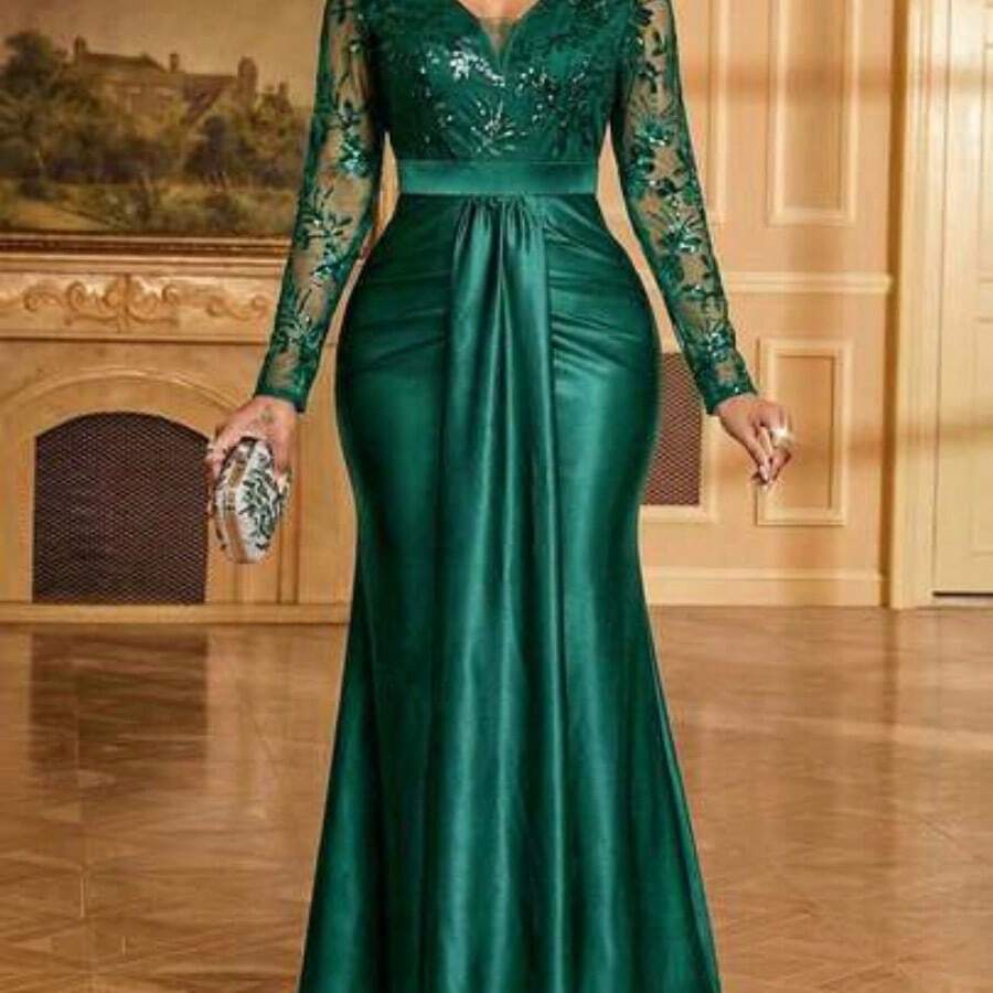 Lady Women's V-Neck Lace Patchwork Pleated Elegant Waist Cinched Long Party Dress - Verde Oscuro - Ver 1