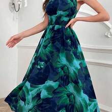 Women's Blue Tie Dye Print Sleeveless Halter Waist Tie A-Line Dress - Rosa - Ver 7