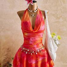New Spring/Summer Women's Fashion Sexy Printed Dress - Plunging Neckline Design - Waist Cinching Ruched Design - Ruffle Hem Design - Vacation - Beach - Multicolor - Ver 6
