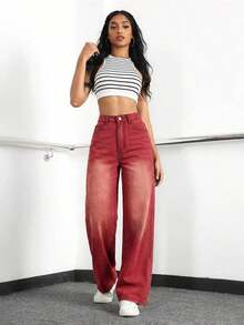 Women's Pocket Button Casual Versatile Daily Wear Wide Leg Jeans - Rojo - Ver 5