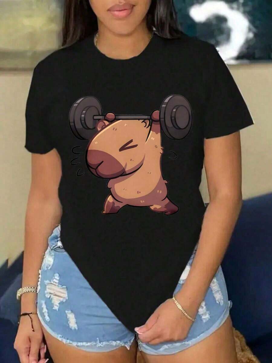 Women's% Cotton-shirtCamiseta de Mujer de Cuello Redondo y Mangas Cortas Diseño Capibara incluye algodónLightweight, breathable, summer best-seller - Negro - Ver 1