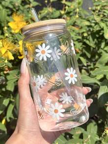 Gelas Air Transparan Anti Bocor 16oz dengan Sedotan | Motif Bunga Daisy dan Lebah Kartun yang Lucu | Gelas Perjalanan untuk Kopi Dingin | Termasuk Tutup dan Sedotan | Dicetak dengan Gaya "Kaleng Soda" | Modis dan Menyenangkan untuk Minuman Dingin - MultiWarna - View 5