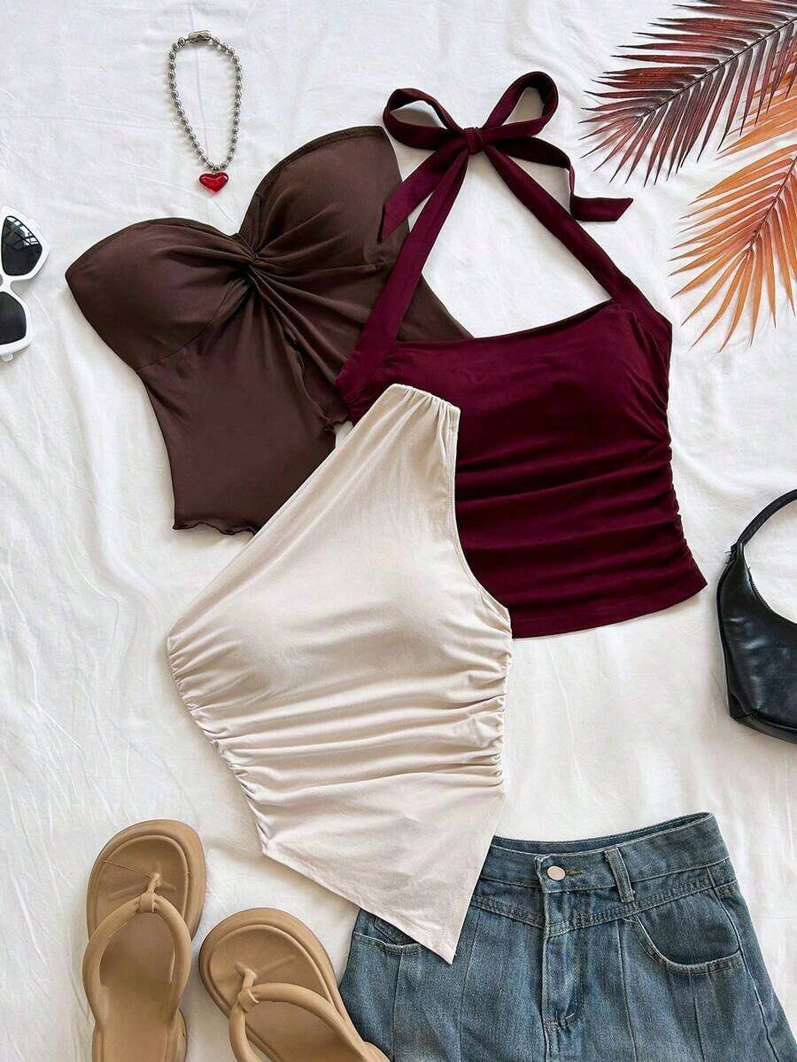 Atuendo casual de primavera/verano para vacaciones, boda en la playa, fiesta de graduación, elegante estilo boho tropical para el Día de San Patricio, Spring Break, Pascua, festivales de música.Top con lazo delantero, cuello halter, espalda descub - Multicolor - Ver 1