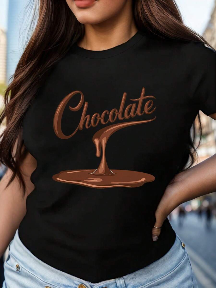 Camiseta Cómoda para Mujer Edición Limitada con Diseño de Chocolate Goteando, Algodón Ligero - Negro - Ver 1