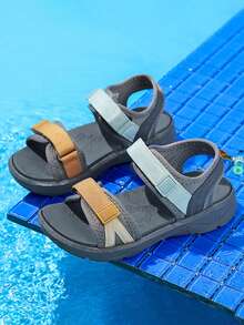 1 par de sandalias planas de color simple con diseño de cierre de gancho y bucle tejido, cómodas y frescas, unisex, adecuadas para usar en verano - Gris - Ver 5
