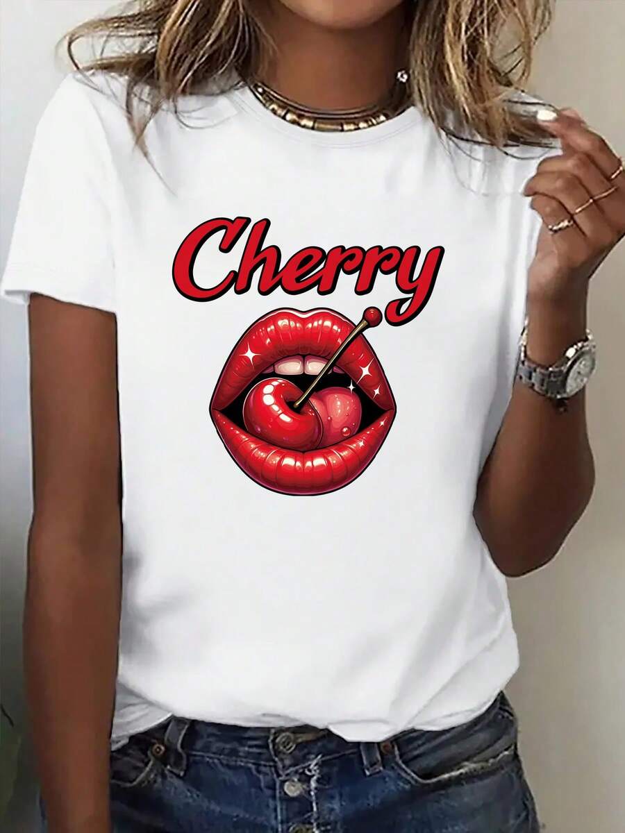 Camiseta de manga corta estamp para mujer, camiseta de cuello redondo estilo urbano con divertido estampado de labios rojos y cerezas, top llamativo de uste hoado para ropa de ca. Camiseta básica cómoda de primavera/verano, manga corta estamp para actividades al e , manga corta