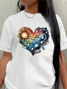 Camiseta de Manga Corta de  con Diseño de Corazón de Sol y Luna, Ligera y Duraderara Uso Casual en Casa, Restaurante o Ambientes Exteriores, uste Cómodo para Uso Diario - Blanco - Ver 2