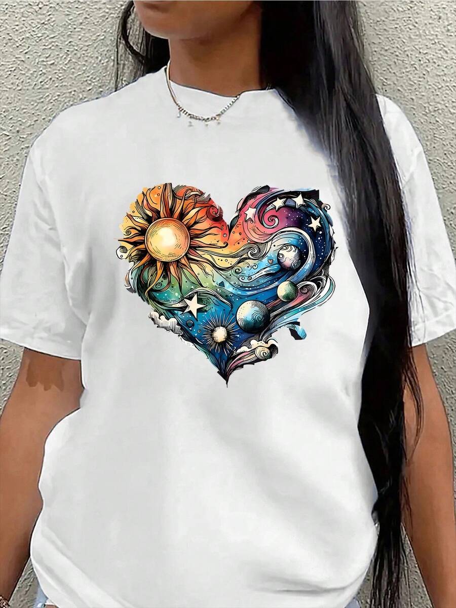 Camiseta de Manga Corta de  con Diseño de Corazón de Sol y Luna, Ligera y Duraderara Uso Casual en Casa, Restaurante o Ambientes Exteriores, uste Cómodo para Uso Diario
