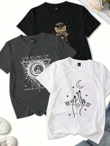 Pack Prenda individual, no un conjunto de 3 piezas, 1 piezas/set de camisetas de manga suitable for streetwear, Top oversized cuello redondo daily outings, camping, concerts, hip-hop, rock, and rap events camisetas estampadas mujer corte recto manga corte cuello redondo tshirt dama Luna magia bruja - Negro - Ver 8