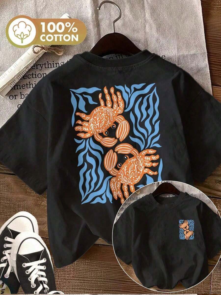 Women's 100% Cotton Y2K Style Oversized Graphic Tee, Featuring A Retro Crab And Seaweed Print, Front And Back Design, Casual Beach Tee For Women, Reversible Printed Tee For Women, With A Fun Crab And Seaweed Design, Perfect For Spring And Summer, Unisex Short Sleeve Graphic Tee, Casual Crew Neck Tee. - 黑色 - 查看 1