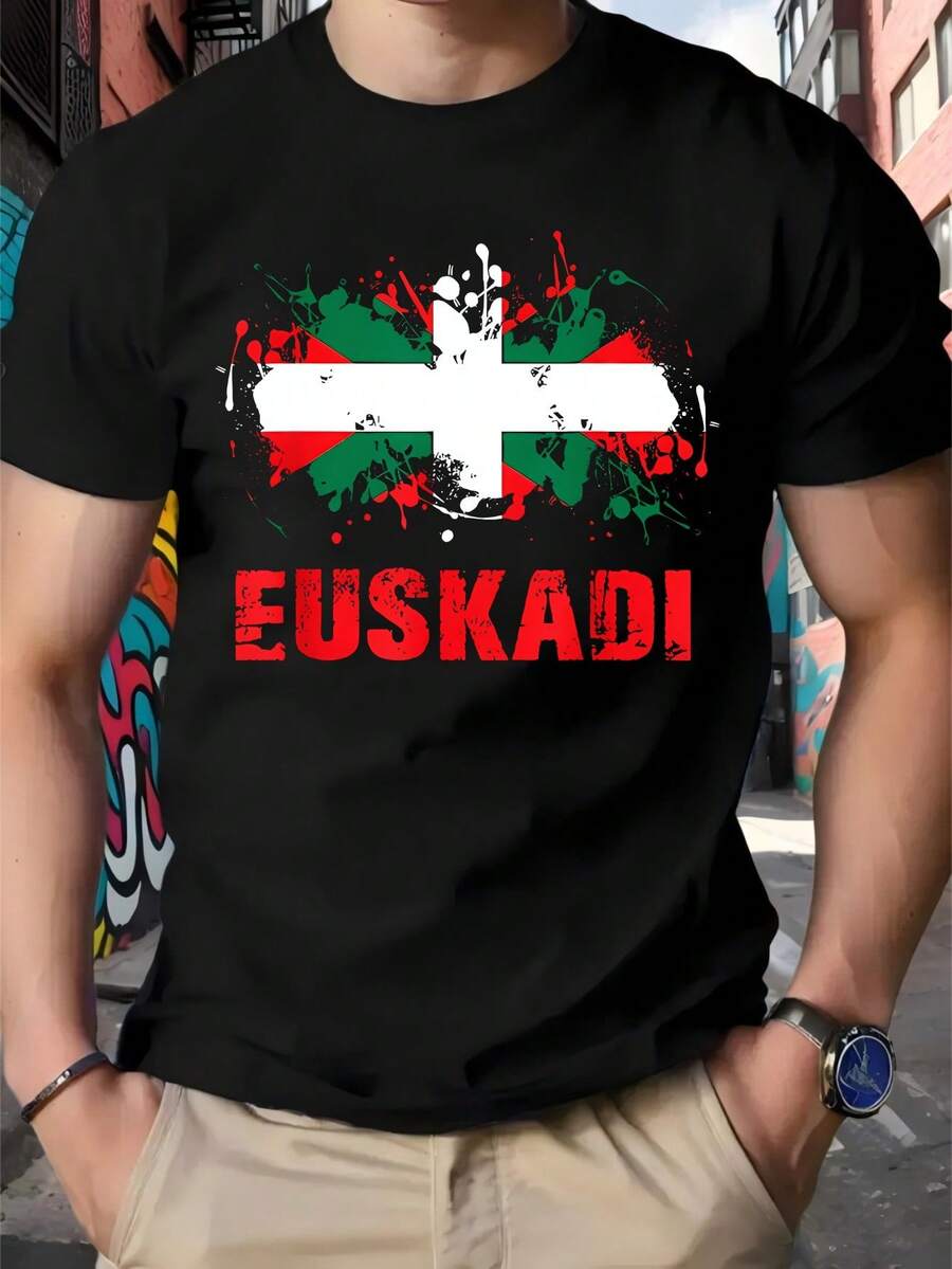 Men's Summer T-Shirt With The Basque Flag, The Inscription Euskadi And The Emblem Of The Basque Country - Designed With Green, White And Red Stripes - Comfortable, Short Sleeve And Round Neck - Clothing That Shows The Cultural Pride Of TheLoose Followers And Is Loose And Comfortable For Summer. - Back - View 1