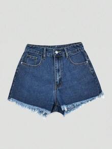 Pantalones cortos vaqueros casuales, estilo minimalista para uso diario - Azul lavado medio 4 - Ver 4