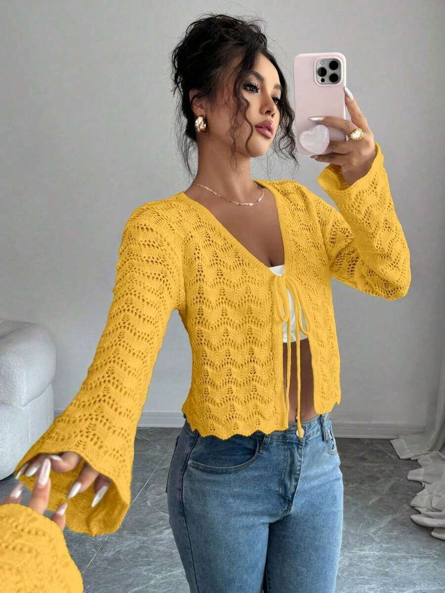 Cárdigan elegante con lazo y calado para mujer - Mostaza Amarilla - Ver 1