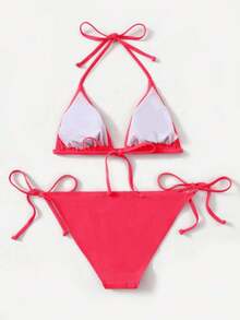 Women's Simple Solid Color Swim Bikini With A Halter Neck And Cutout, Suitable For Beach Vacations And Summer. - Rosa 2 - View 2