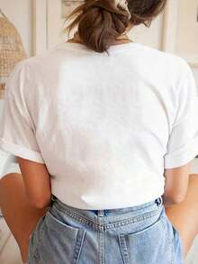 1 pieza Camiseta de Mujer con Estampado Casual Vintage de Alfabeto y Cuello Redondo, 180g 100% Algodón - Blanco - Ver 2
