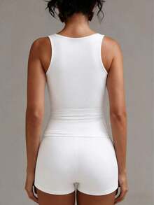 Women's Solid Color Casual Versatile Double-Layer Yoga High Stretch Fabric Sexy U-Neck Sleeveless Tank Top, Summer White - Black - View 11