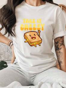 Women's Short Sleeve T-Shirt With Funny Cheese And Toast Print - Take It Cheesy Kawaii Design For Women - Casual Summer Clothing, Ideal For Everyday Wear And Gifts For Food Lovers - 白色 - 查看 12
