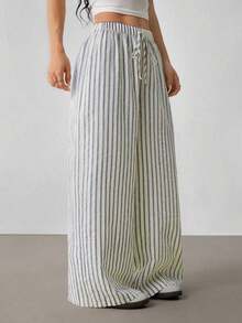 Pantalones casuales anchos de pierna ancha con cintura de corbata y rayas para mujer - Azul y blanco - Ver 7
