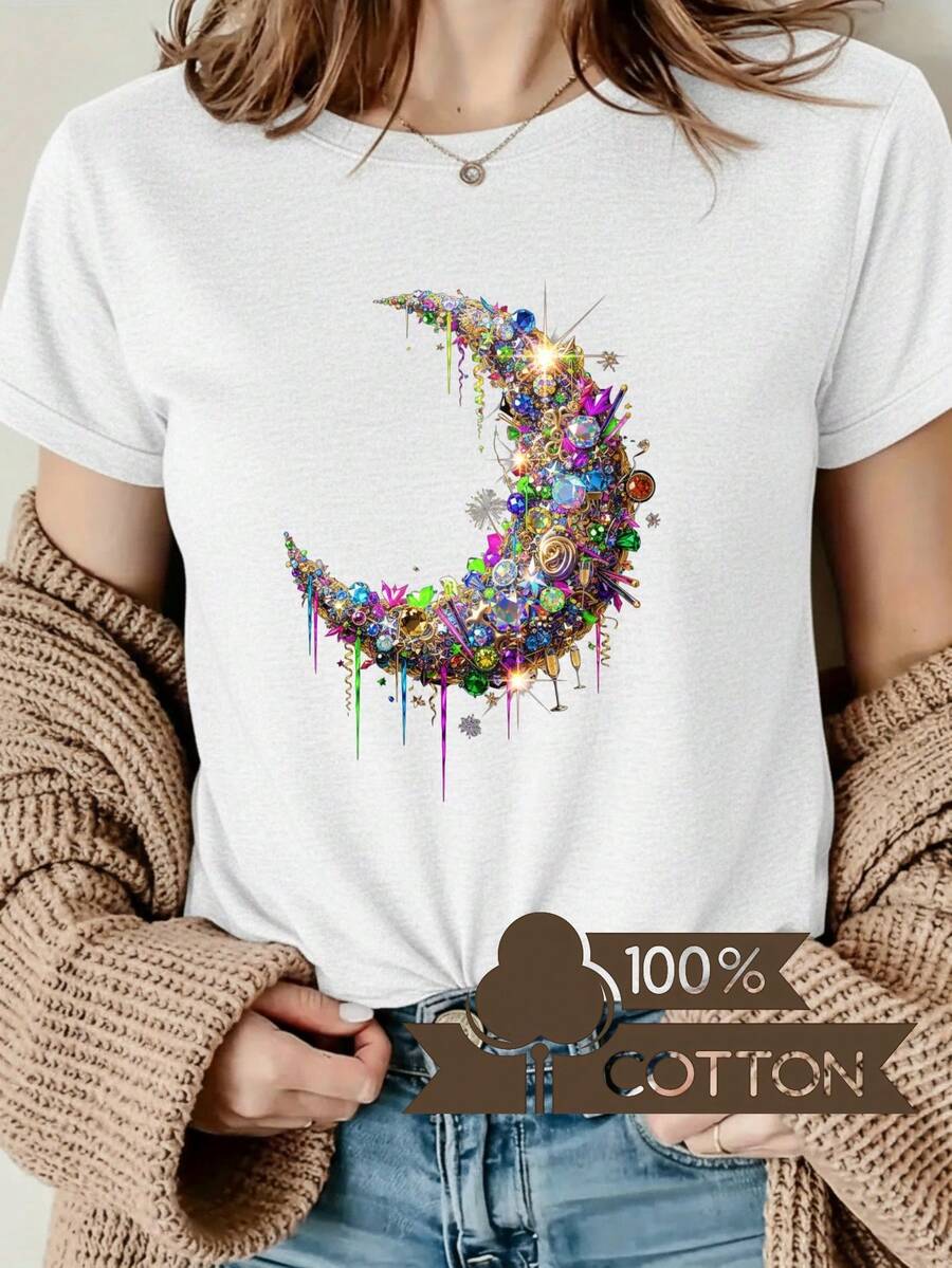 Women's T-Shirt With Round Neck And Anime Letter Print, Simple Design, Comfortable And Breathable, Suitable For Casual Daily Wear, Showing A Natural And Elegant Style, A Must-Have For Summer Parties, Shipped Locally With Gemstone And Metal Embellishments. - 白色 - 查看 1