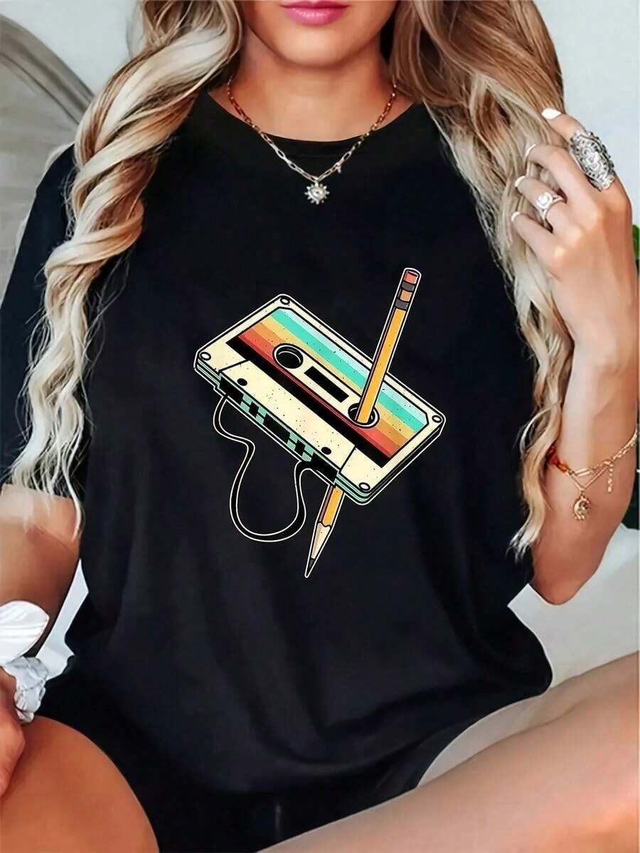 Camiseta con Estampado de Cintas Retro de los 80s y 90s | Cuello Redondo Casual, Patrón Geométrico, Corte Regular, Adecuado Para Todas Las Temporadas, Blusas para Dama - Negro - Ver 1
