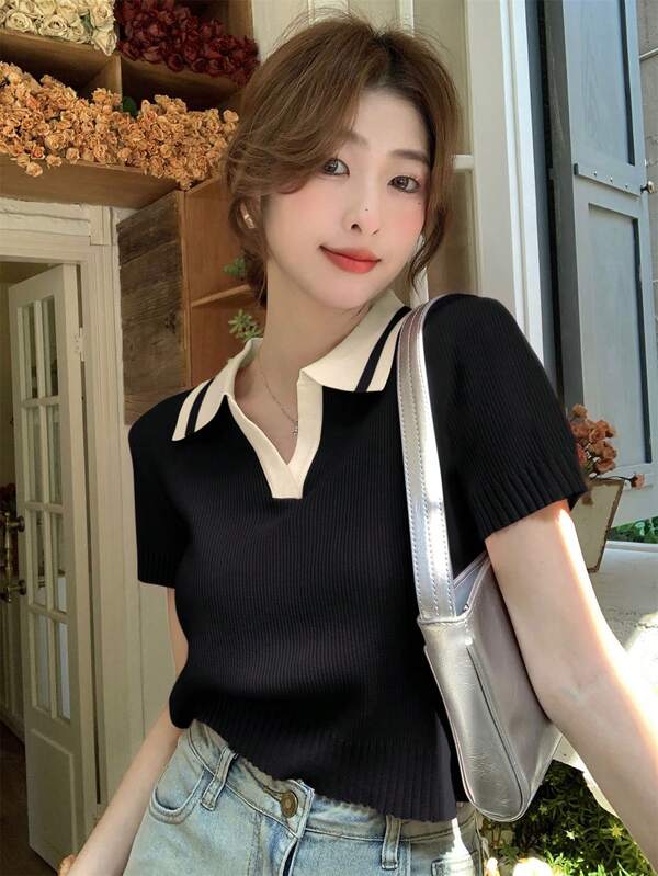 Women's Elegant Colorblock Polo Collar Knit Short Sleeve T-Shirt, Casual School/Work Wear For Summer Black