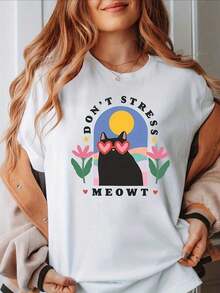 1 pieza Camiseta con estampado de monograma "Relax Kitty", manga corta, cuello redondo, estilo casual para verano y primavera, camiseta de manga corta con estampado de letras para mujer, uso diario casual al aire libre, 180g, 100% algodón. - Negro - Ver 7