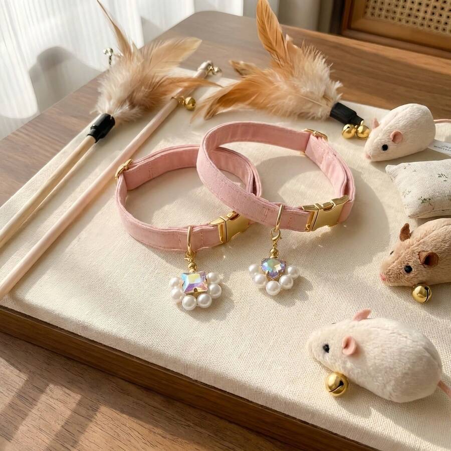 Adjustable Pet Pearl & Rhinestone Collar, Heart/Square Pendant Options, Suitable For Wedding Photo Accessories - Multicolor - View 1