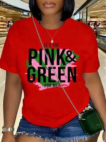 Women's J15 AKA 1908 Graphic Print Crew Neck T-Shirt 2026 - Featuring Empowering Slogans In Pink And Green, Breathable, Short Sleeve, Summer, Machine Washable, Festive Wear, Comfortable Fit, Loose And Comfortable, Casual T-Shirts-J - 紅色 - 查看 9
