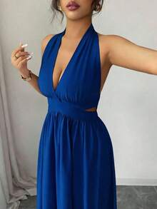 Elegante vestido sin mangas con cuello en V, diseño hueco en la cintura y pliegues, color morado, nueva llegada de primavera/verano - azul real - Ver 4